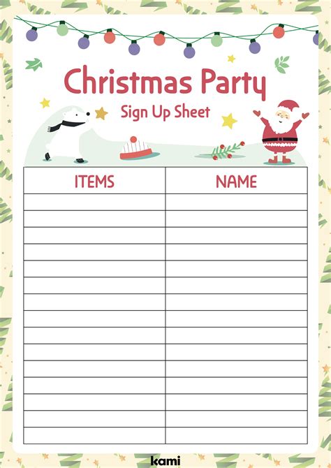 Family Holiday Party Sign-Up Sheet