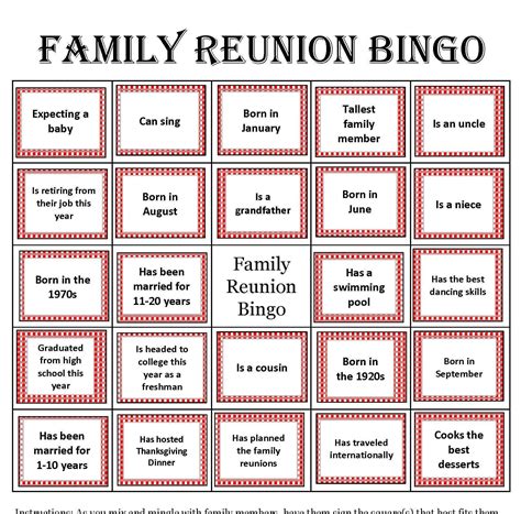 Family Reunion Bingo Card Template 1