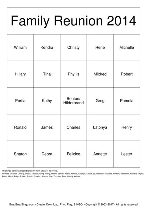 Family Reunion Bingo Card Template 9