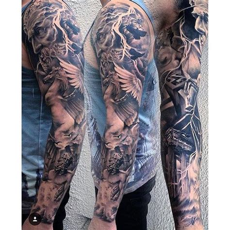 Fantasy creature arm sleeve tattoos