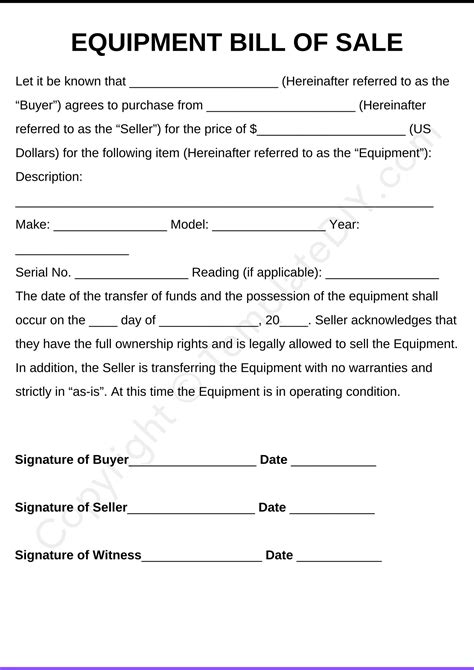 Farm Equipment Bill of Sale Template Blank