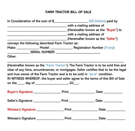 Farm Equipment Bill of Sale Template Form