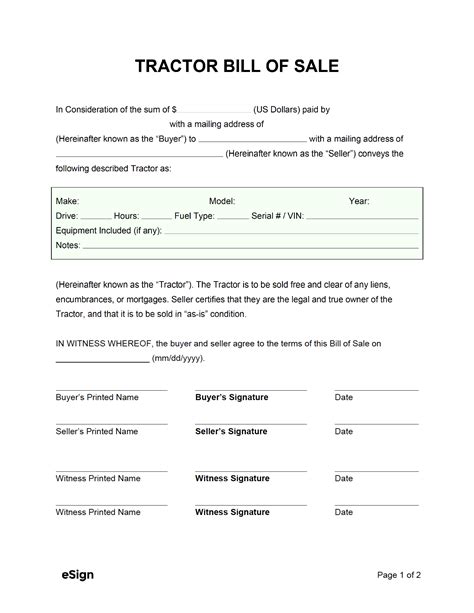 Farm Equipment Bill of Sale Template PDF