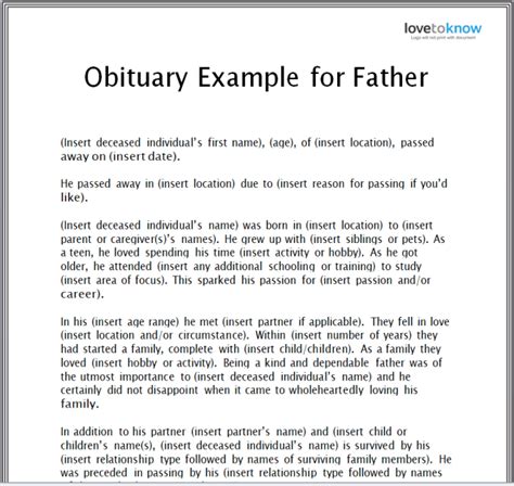 Example of a Father Death Notice Template