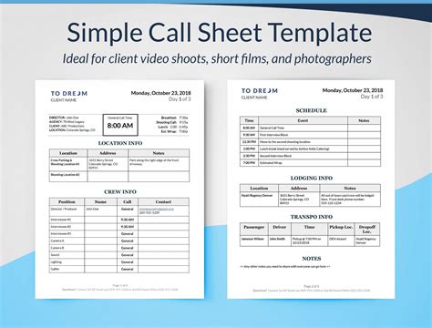 Feature Film Production Call Sheet