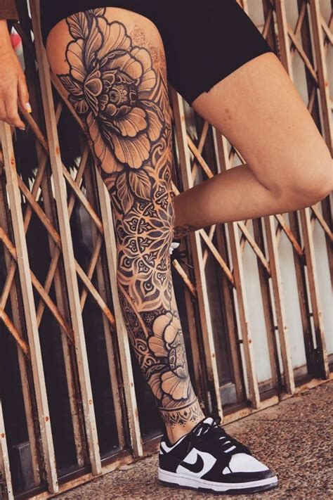 Female leg sleeve tattoos