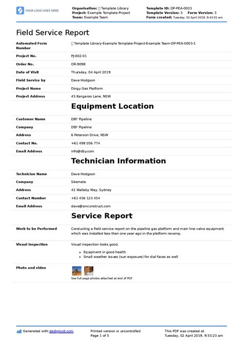 Field Service Report Template Design PDF