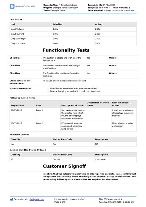 Field Service Report Template Format