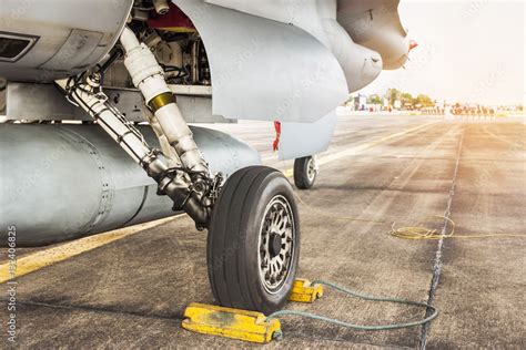 A fighter jet's wheels, showing the landing gear