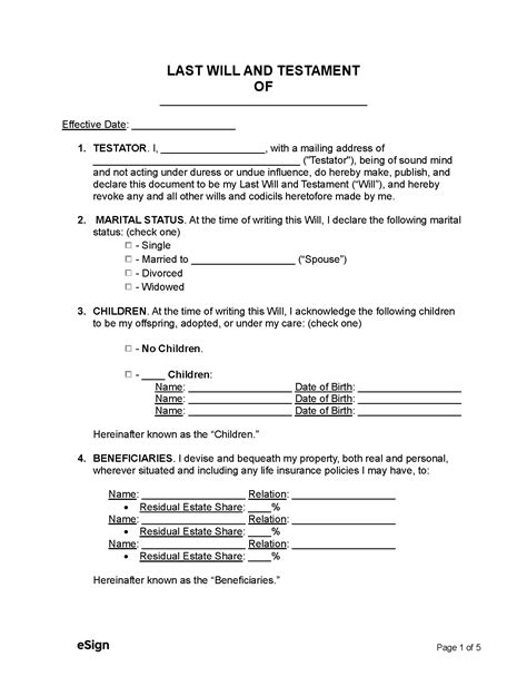 Fillable Last Will and Testament Template