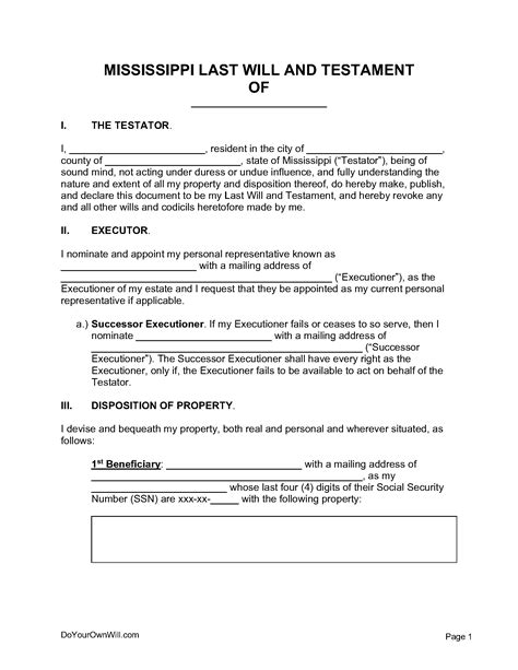 Fillable Mississippi Last Will and Testament Form