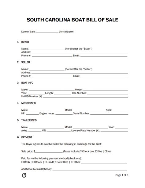 Filling Out South Carolina Boat Bill of Sale Form