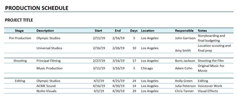 Film Shooting Schedule Template