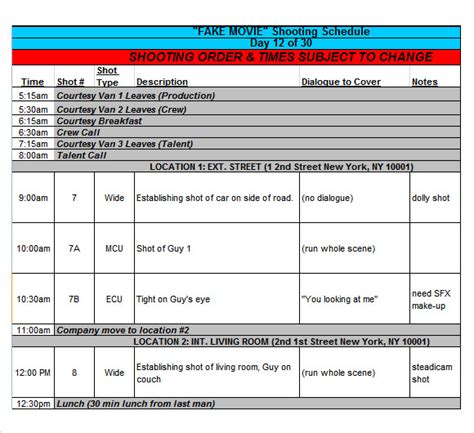 Film Shooting Schedule Template Excel