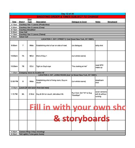 Film Shooting Schedule Template Free