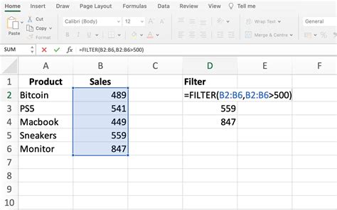 Filter Function Excel