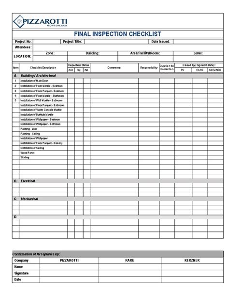 Final Inspection and Completion Template