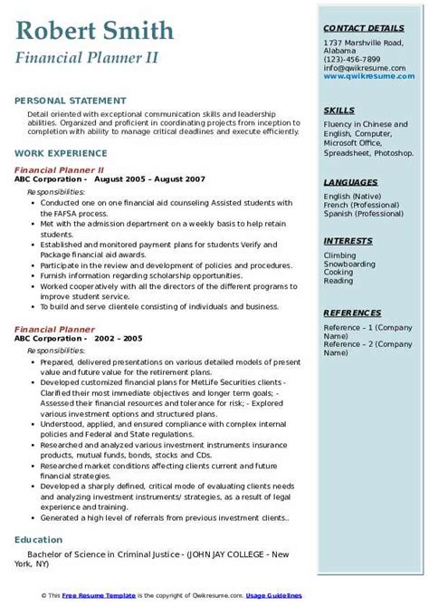 Financial Planning Resume Template Example