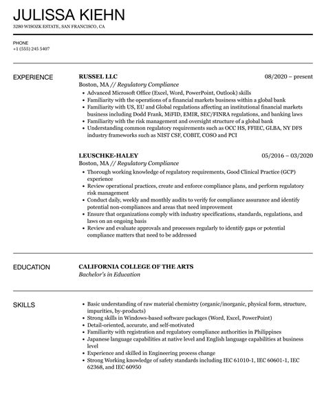 Financial Regulatory Compliance Resume Template Sample