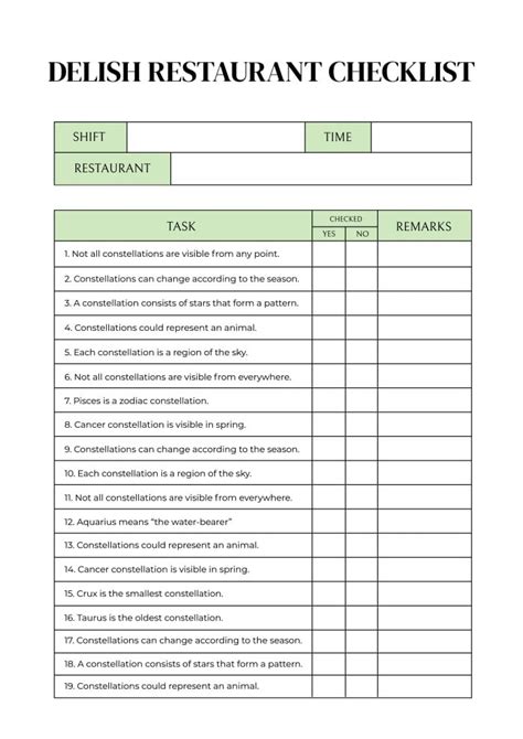 Fine dining server checklist template