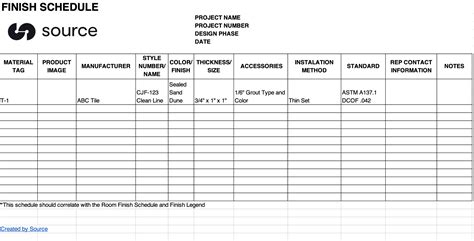 Finish Schedule Template Excel Example