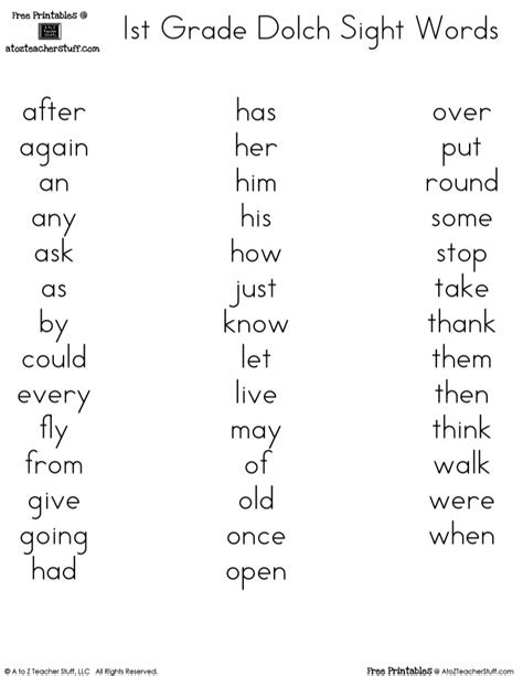 Image of first-grade sight words