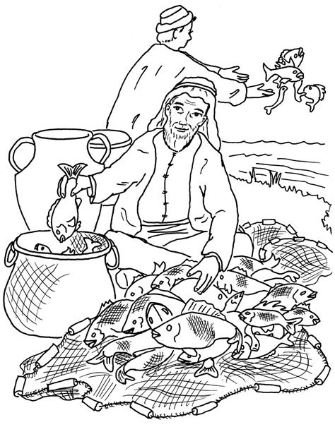 A coloring page of Jesus calling the first disciples