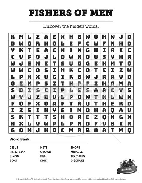 A word search featuring words related to the Fisher of Men story