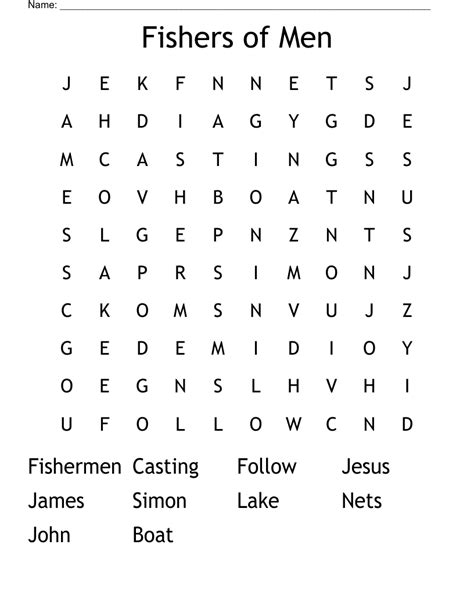 A word search featuring words related to the Fisher of Men story