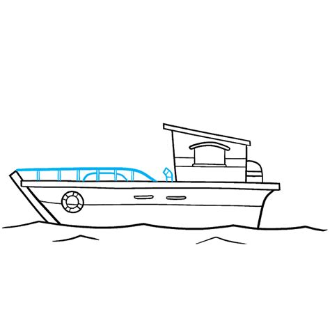 A drawing of a fishing boat with a nets and rods