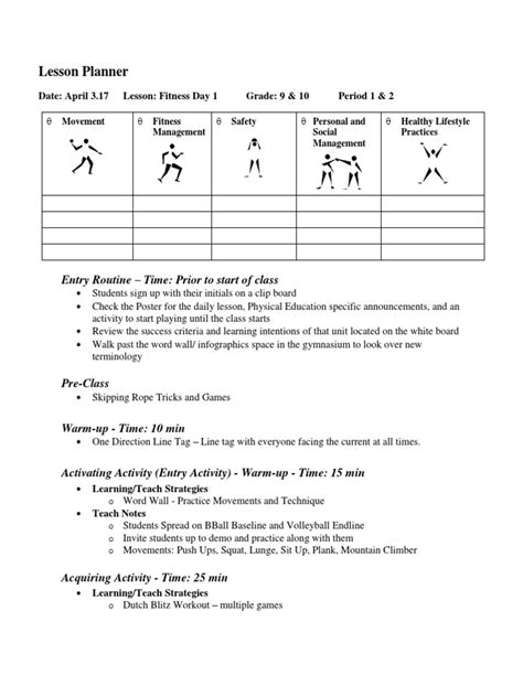 Fitness PE Lesson Plan Template