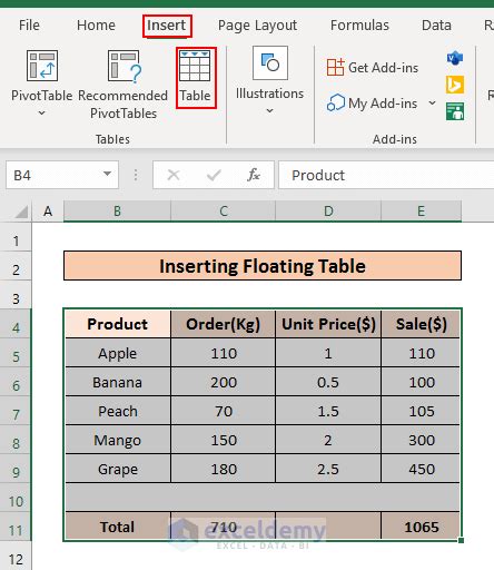 Floating Table in Excel