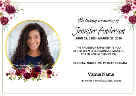 Floral funeral announcement card template