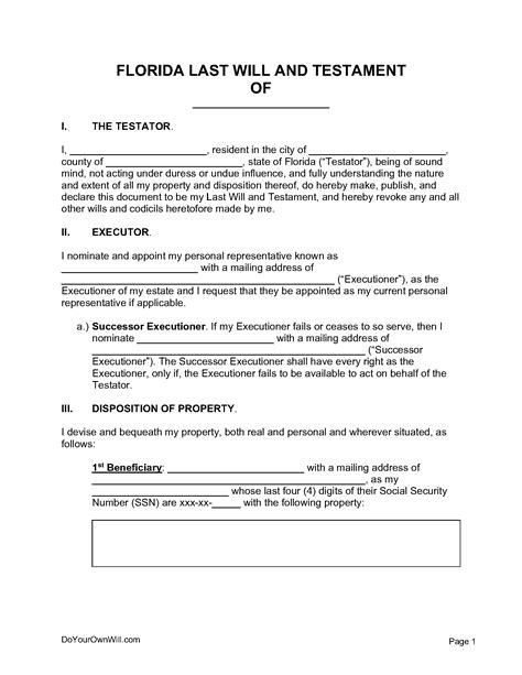 Florida Last Will and Testament Blank Form Example