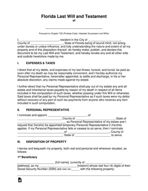 Florida Last Will Template Structure