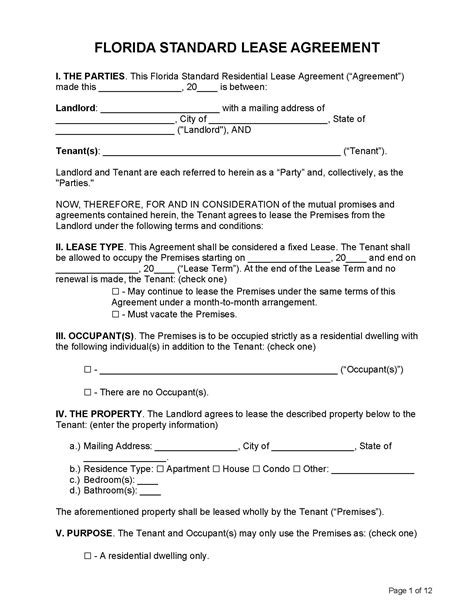 Florida Lease Agreement Template Fillable