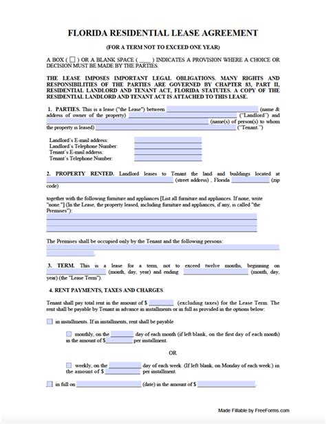 Florida Lease Agreement Template Sample