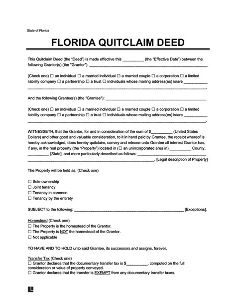 Florida quit claim deed form template free