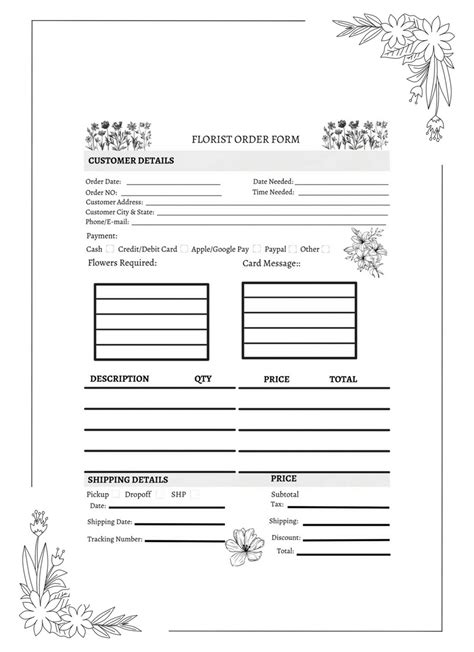 Florist Order Form Template Features