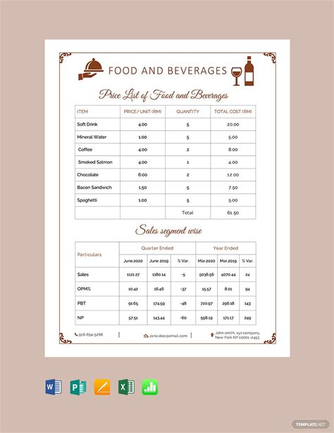 Food and Beverage Price List Template