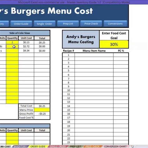 Food Cost Template for Restaurants