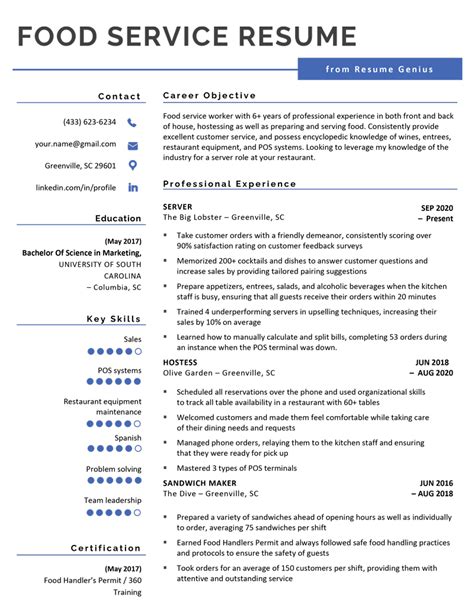 Food Service Resume Template 4