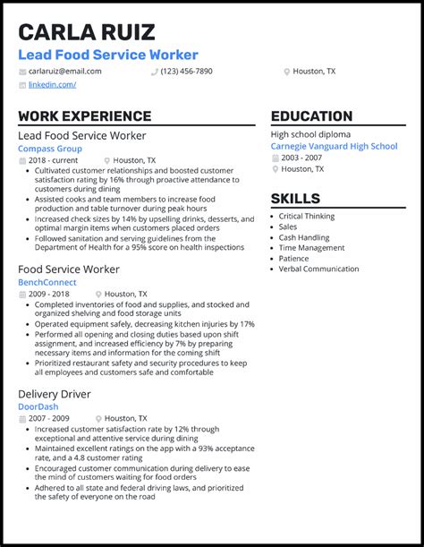 Food Service Resume Template 7