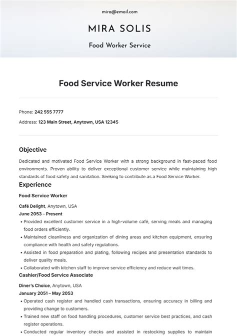 Food Service Worker Resume Template Example