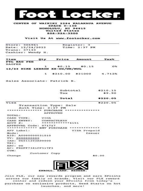 Foot Locker Receipt Template Sample