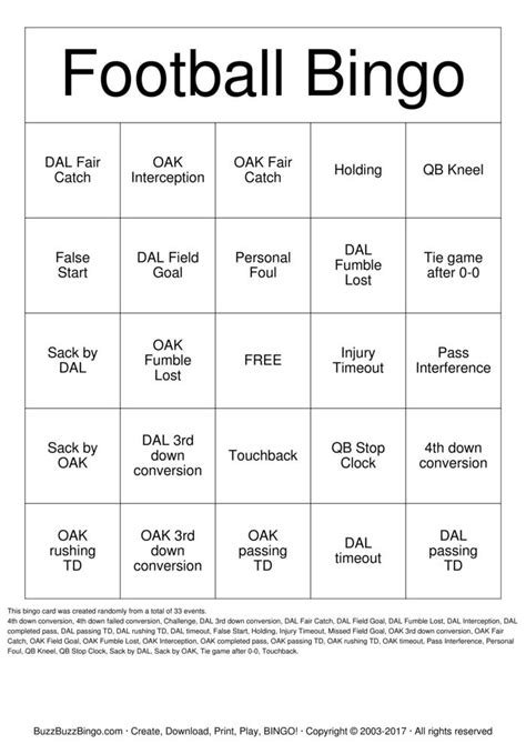 Football bingo card examples