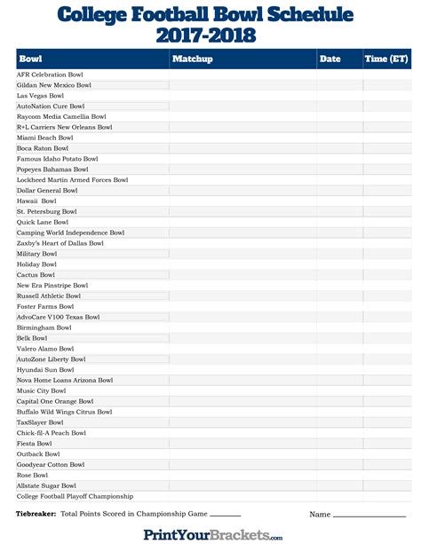 Football Bowl Schedule Template