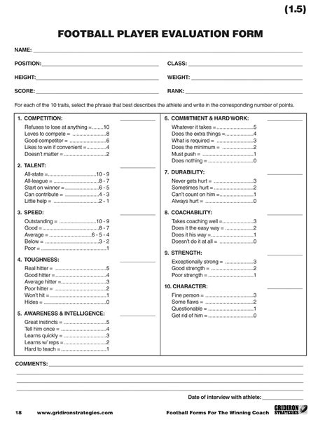 Football Player Evaluation Stat Sheet Template