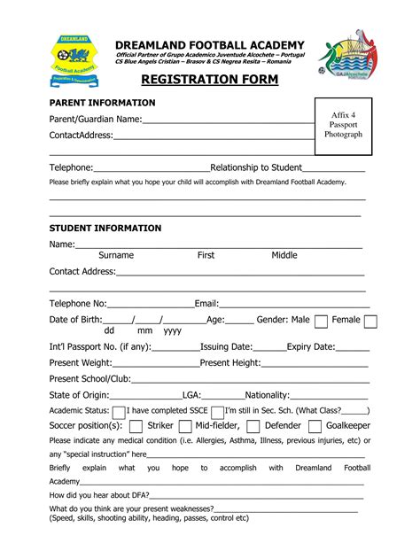 Football Registration Form Template Example