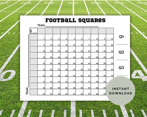 Football Squares Grid Template for 100 Players